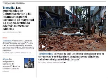 Así reportó El Mundo la tragedia del terremoto en Colombia - crédito El Mundo