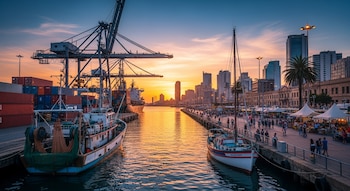 Grúas de puerto, contenedores de carga, un barco pesquero, un velero, personas caminando, puestos de mercado y edificios urbanos frente al mar al atardecer.