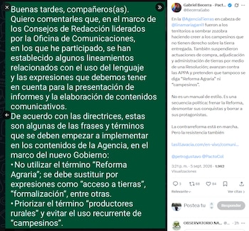 El congresista Gabriel Becerra criticó directriz de la ANT que ordena reemplazar palabras como campesinos y reforma agraria - crédito @BecerraGabo/X