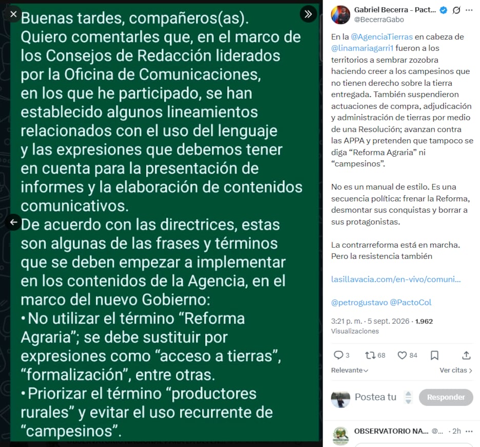 El congresista Gabriel Becerra criticó directriz de la ANT que ordena reemplazar palabras como campesinos y reforma agraria - crédito @BecerraGabo/X