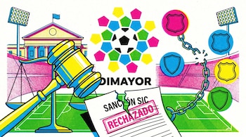 Ilustración risográfica vibrante con un martillo de juez sobre una cancha de fútbol, balanza de justicia, edificio, logotipo de fútbol y cadenas rotas. Un documento dice "SANCIÓN SIC RECHAZADO".