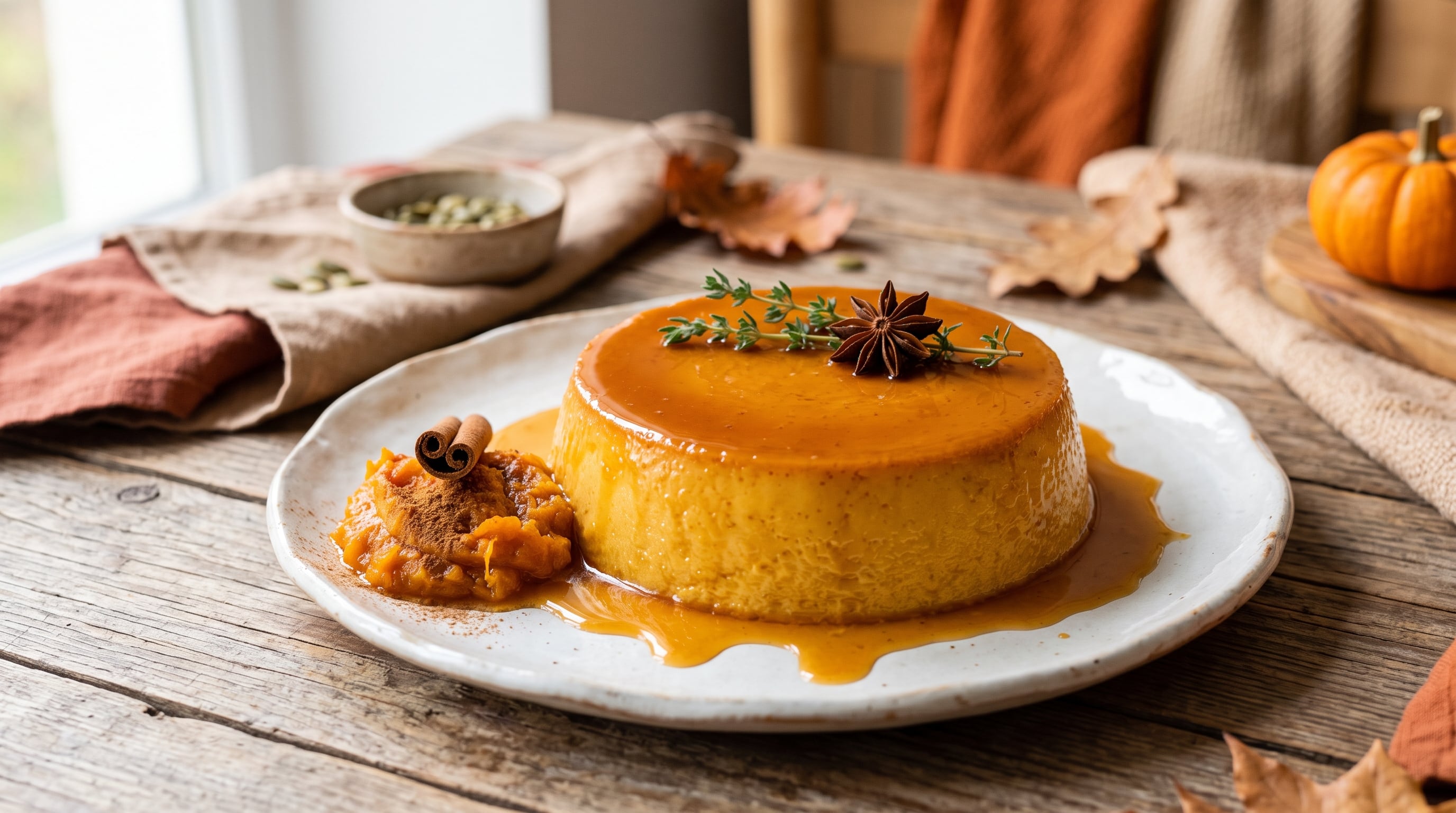 Un flan de calabaza elaborado con caramelo reposa sobre un plato de cerámica junto a una porción de puré con canela sobre una mesa de madera. (Imagen Ilustrativa Infobae)