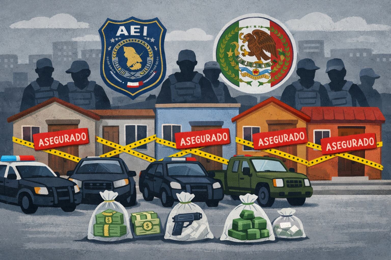 Armas, droga, dinero y vehículos fueron asegurados durante más de 20 cateos realizados en Ciudad Juárez.