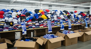 Grandes pilas de camisetas, gorras y bufandas deportivas de colores variados sobre una mesa de inspección en un almacén, con cajas de cartón abiertas en el suelo.