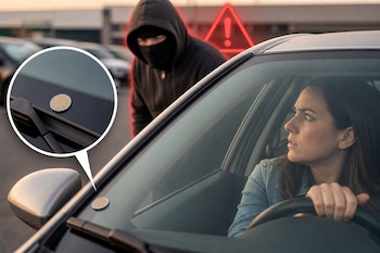 Una mujer sentada al volante observa a un hombre encapuchado junto a su auto, donde hay una moneda colocada sobre el parabrisas.