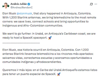 El mandatario aseguró que la conectividad satelital facilita la atención médica remota y el acceso a internet en escuelas rurales - crédito @AndresJRendonC/X