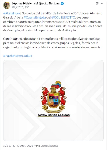 Las Fuerzas Militares explicaron que el grupo armado tiene influencia en la población civil de la región - crédito @Ejercito_Div7
