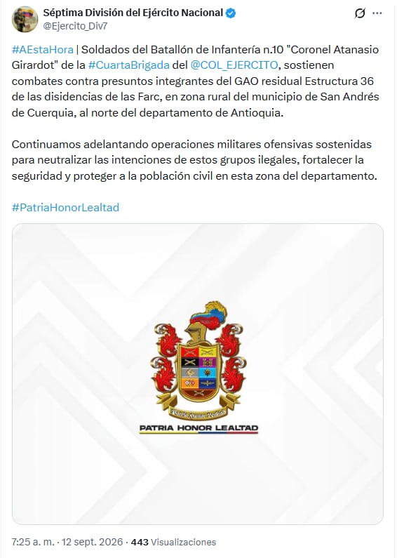 Las Fuerzas Militares explicaron que el grupo armado tiene influencia en la población civil de la región - crédito @Ejercito_Div7