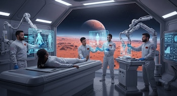 Cuatro científicos en una base espacial en Marte asisten a una astronauta en una camilla, utilizando pantallas holográficas y brazos robóticos. Marte es visible por la ventana.