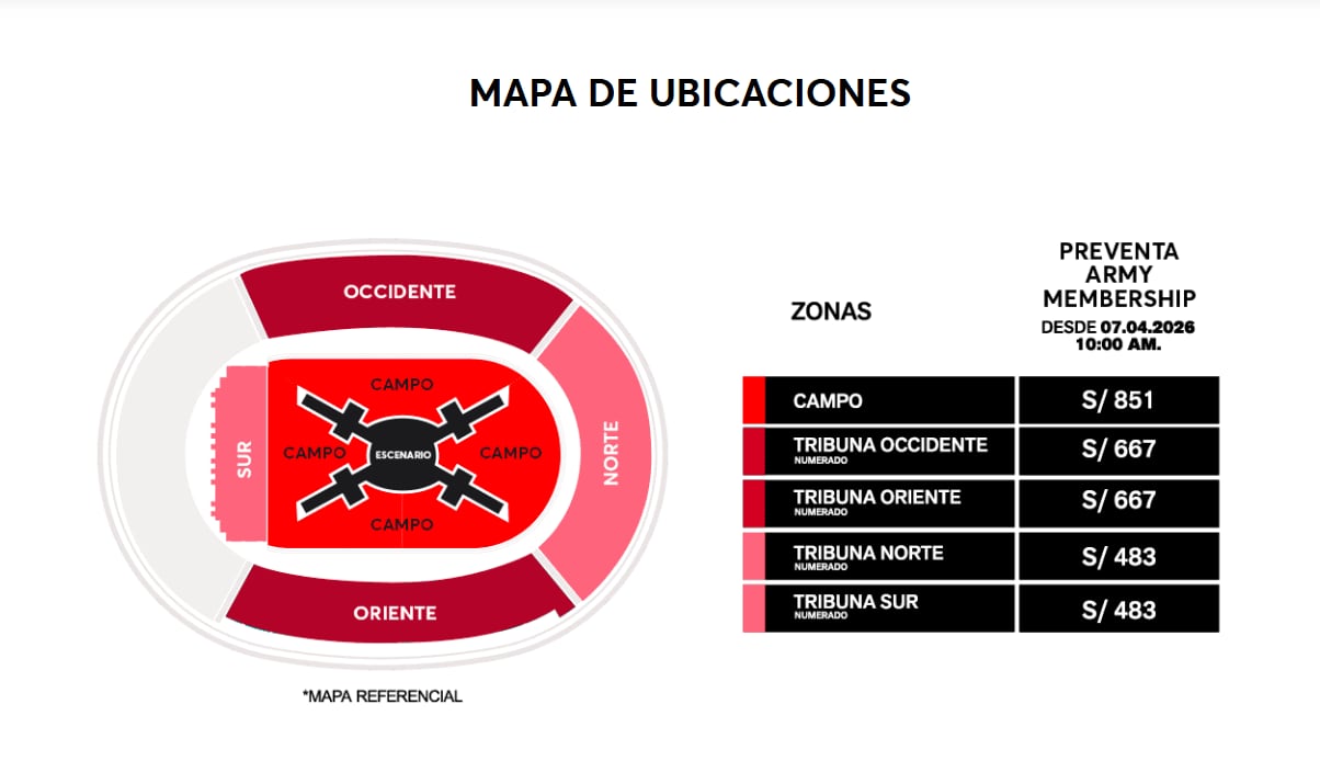 Mapa de ubicaciones y lista de precios para el concierto de BTS