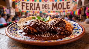 Piezas de pollo con mole y ajonjolí en un plato con arroz y tortillas, delante de un letrero con las palabras Feria del Mole.