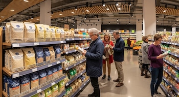 Múltiples clientes en un supermercado moderno, navegando por estantes llenos de paquetes de quinoa, mijo y trigo espelta en la sección de productos saludables. El ambiente es luminoso.