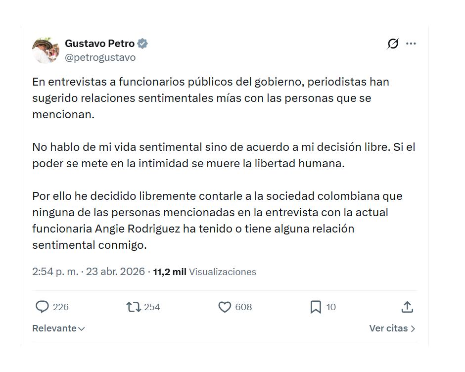 Con este mensaje en su perfil de X, el presidente Gustavo Petro negó que tenga alguna relación con Juliana Guerrero u otra funcionaria de su administración - crédito @petrogustavo/X