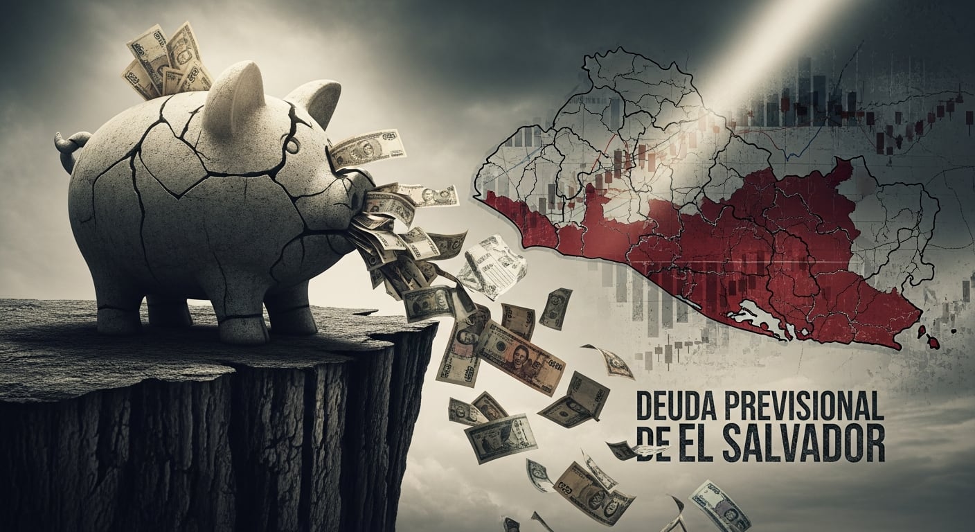 Una representación visual de la crítica situación financiera de El Salvador, con un cerdito roto que derrama dinero al borde de un precipicio, simbolizando la deuda previsional del país. (Imagen Ilustrativa Infobae)