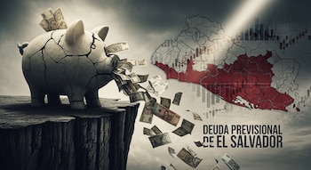 Alcancía rota al borde de un acantilado derramando billetes. Detrás, mapa de El Salvador con gráficos financieros y el texto "DEUDA PREVISIONAL DE EL SALVADOR".