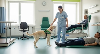 Interior de hospital con una persona en uniforme médico acariciando un perro con chaleco verde, dos pacientes, uno acostado en el suelo y otro en silla reclinable.