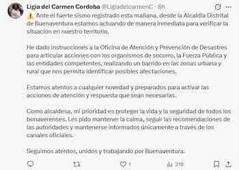 La alcaldesa Ligia Córdoba reportó además un edificio caído en Rockefeller, cuatro muertes y operativos de rescate con apoyo ciudadano mientras siguen las inspecciones en áreas urbanas y rurales - crédito Ligia Cordoba/X