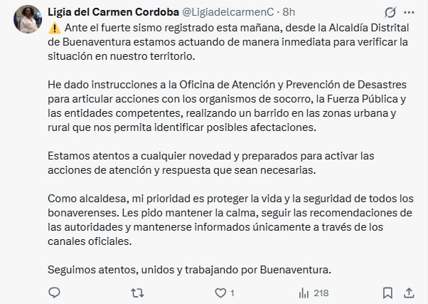 La alcaldesa Ligia Córdoba reportó además un edificio caído en Rockefeller, cuatro muertes y operativos de rescate con apoyo ciudadano mientras siguen las inspecciones en áreas urbanas y rurales - crédito Ligia Cordoba/X