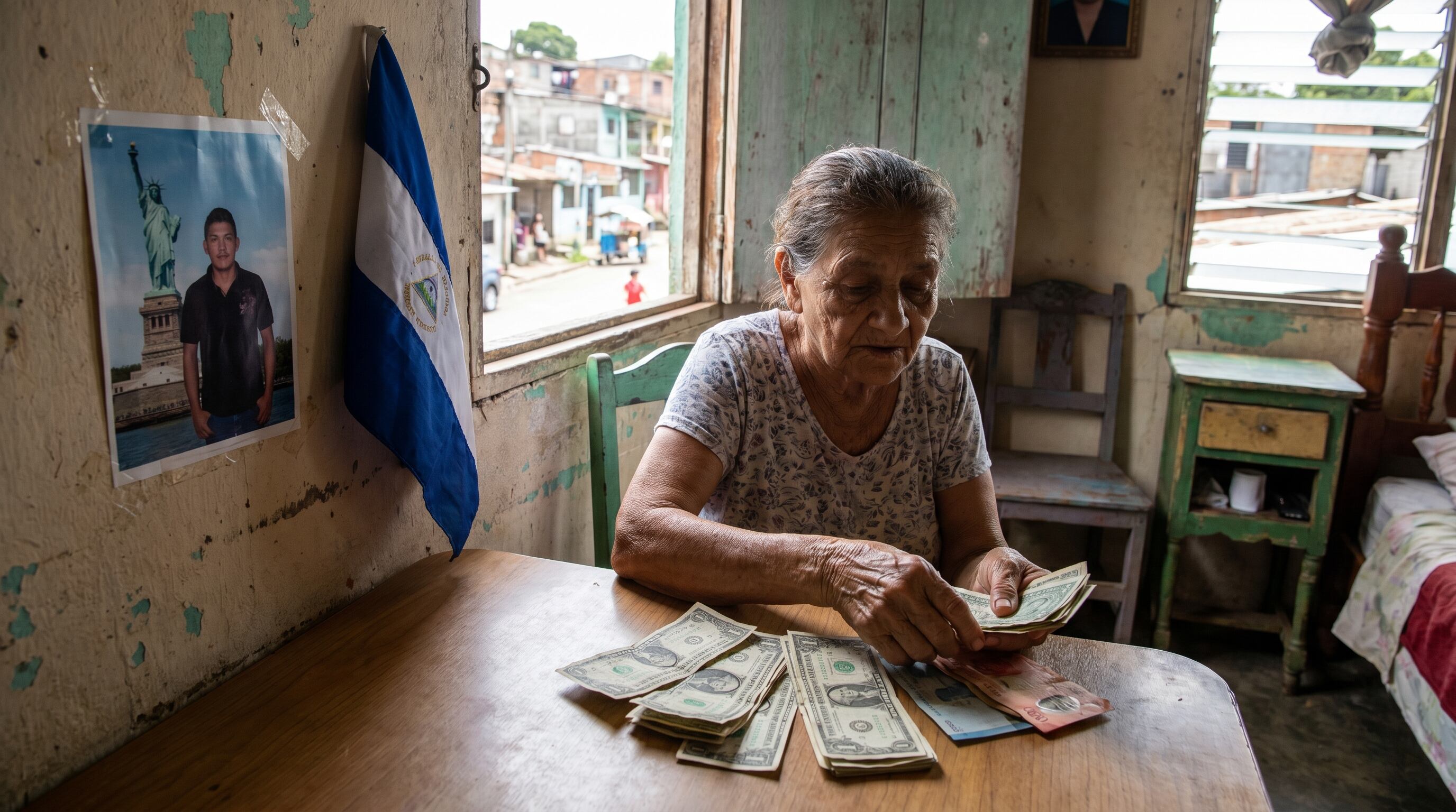 Una anciana en Nicaragua cuenta billetes de dólar y córdoba, frente a una ventana, con una bandera nicaragüense y la foto de un joven en Nueva York colgadas en la pared. (Imagen Ilustrativa Infobae)