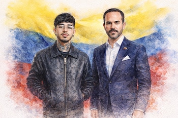 Ilustración acuarela de dos hombres de pie: uno joven con tatuajes y gafas, y otro mayor con barba y traje, frente a la bandera de Colombia.