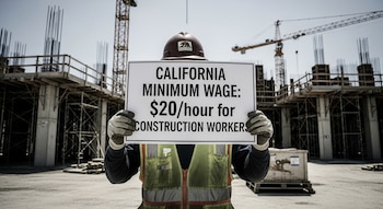 Un trabajador de la construcción con casco y chaleco sostiene un cartel blanco que indica el salario mínimo de $20/hora, con una obra al fondo.