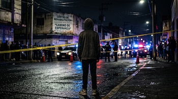 Un joven de espaldas con sudadera frente a una cinta amarilla de acordonamiento policial y patrullas con luces encendidas.
