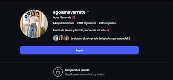 Captura de pantalla del perfil de Instagram de agossnavarrete, con foto de perfil, datos de seguidores y aviso de cuenta privada