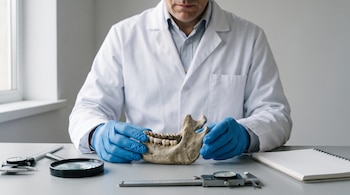 Un hombre con bata blanca y guantes azules sostiene una mandíbula fósil; hay una lupa, un calibre y un cuaderno en la mesa de un laboratorio.