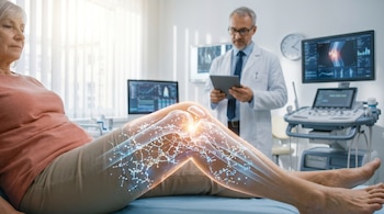 Una mujer mayor recostada en una camilla, cuya rodilla muestra una compleja visualización anatómica translúcida con estructuras óseas y miles de partículas luminosas. Un médico con gafas y tableta está en el fondo.