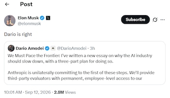 Captura de pantalla de una publicación en X donde Elon Musk escribe Dario is right junto a un mensaje citado de Dario Amodei