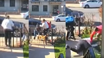 Paneles borrosos de una confrontación. Varias personas cerca de una Minivan Dodge Ram Van oscura en la calle, con edificios y una valla visible