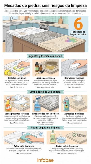 Infografía sobre limpieza de superficies de piedra con ilustraciones de cocinas, esponjas, limpiavidrios y aerosoles.