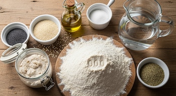 Vista cenital de ingredientes de cocina sobre una mesa de madera: harina, masa madre, agua, aceite de oliva, sal, semillas de sésamo, amapola y orégano.