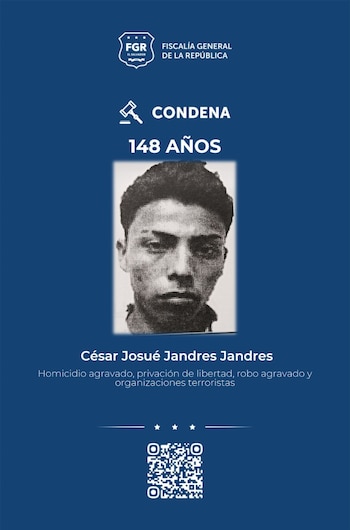 César Josué Jandres Jandres, alias saylin o trunca, recibió 60 años de cárcel por el asesinato de un agente de la Policía Nacional Civil y condenas adicionales por otros delitos. (Imagen: FGR)