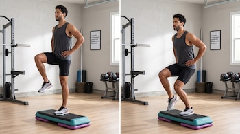 Secuencia en dos imágenes de un hombre con ropa deportiva realizando un ejercicio sobre una plataforma para escalones en un interior.