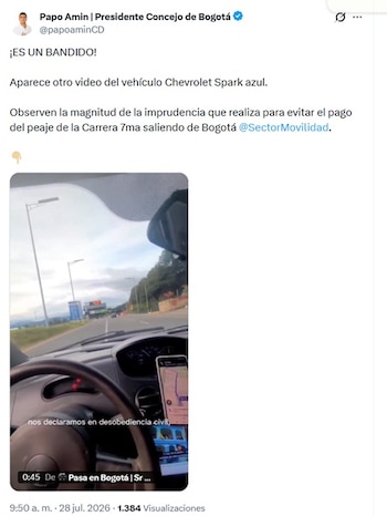 El presidente del Concejo de Bogotá volvió a arremeter contra el conductor señalado de ser quien manejaba el Spark cuando se registró la grabación en un intento en vano por cruzar un puente peatonal en Bogotá - crédito @papoaminCD/X