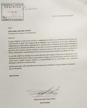 La expresidenta del Consejo de Ministros, Betssy Chávez, pide reprogramar la sesión del Pleno.