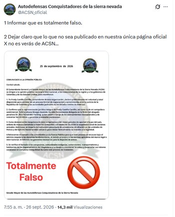 El grupo armado señaló que cualquier dato o enunciado que no sea publicado en su cuenta única carece de veracidad - crédito @ACSN_oficial/X