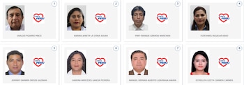 Una cuadrícula de ocho fotos de pasaporte de candidatos, cuatro hombres y cuatro mujeres, cada una con el logo de "Somos Perú" y sus nombres en español