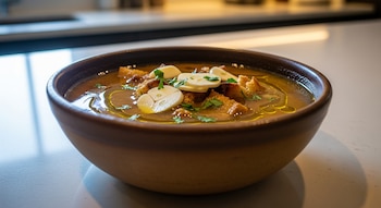 Un primer plano de un tazón marrón con sopa de ajo caliente, cubierta con rodajas de ajo crudo, picatostes dorados y perejil fresco, sobre una mesada de cocina blanca.
