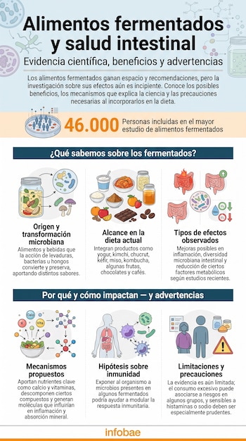 Infografía sobre alimentos fermentados y salud intestinal con seis paneles de texto e ilustraciones de microbios, alimentos, órganos digestivos y personas.