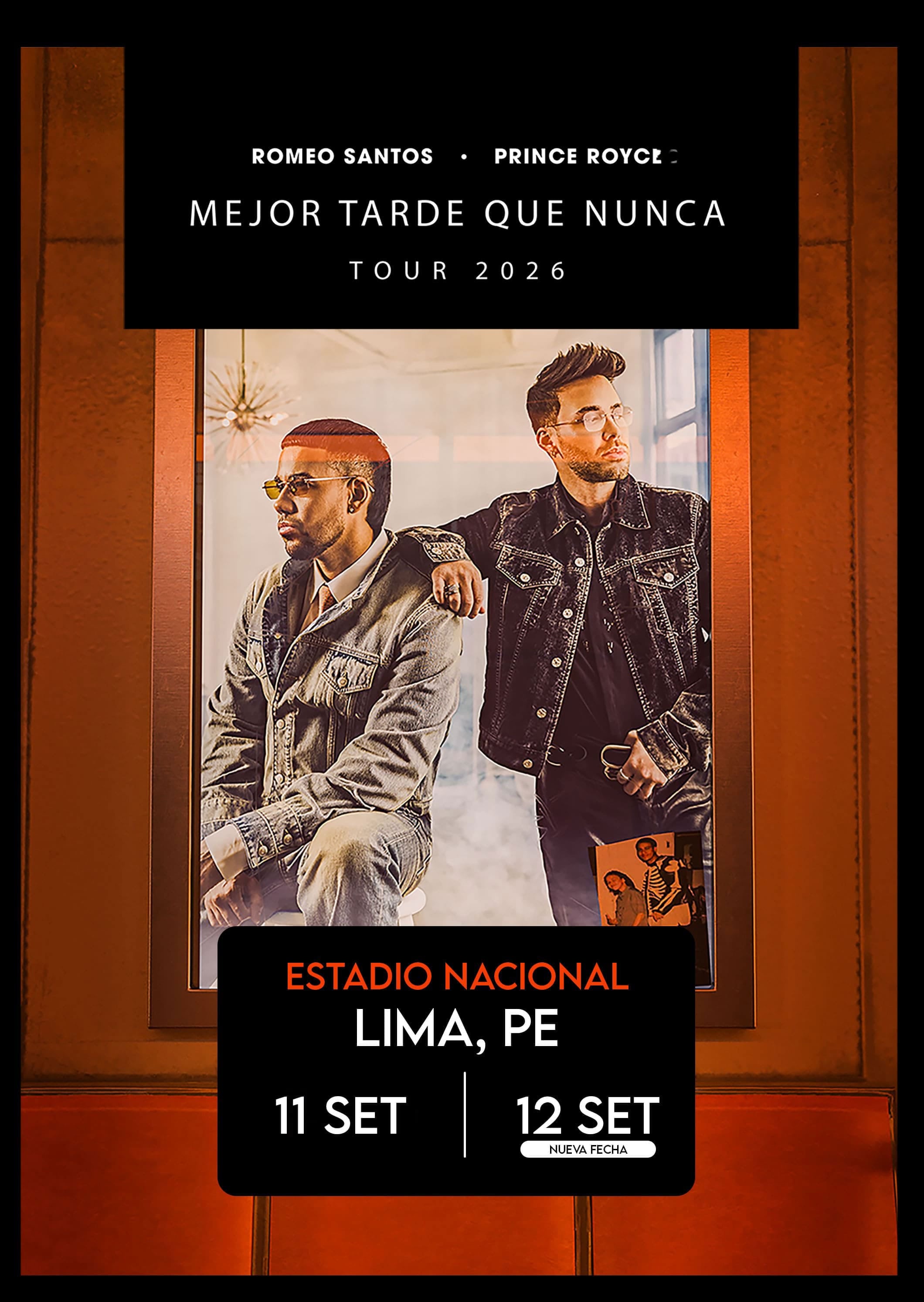 Un afiche promocional anuncia los conciertos de Romeo Santos y Prince Royce en el Estadio Nacional de Lima los días 11 y 12 de septiembre de 2026.