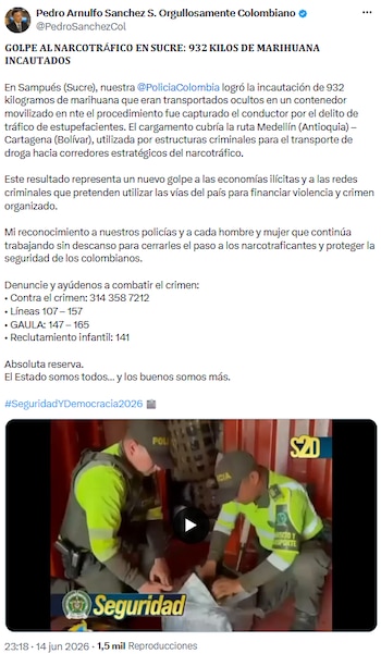 Golpe al tráfico de drogas: Hallaron cargamento oculto en contenedor en carretera de Sucre - crédito @PedroSanchezCol/X
