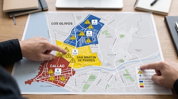 Mapa impreso sobre un escritorio donde dos manos señalan distritos coloreados en azul, amarillo y rojo con símbolos de alerta eléctrica.