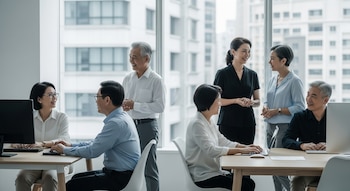 Seis profesionales mayores de rasgos asiáticos trabajan en una oficina luminosa de Taiwán, unos frente a computadoras y otros conversando, con grandes ventanales de fondo.