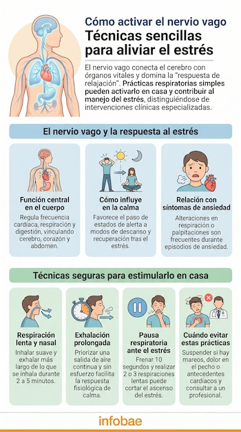 Infografía detallada con diagramas del nervio vago en el cuerpo humano, explicando su función y mostrando personas practicando técnicas de respiración.