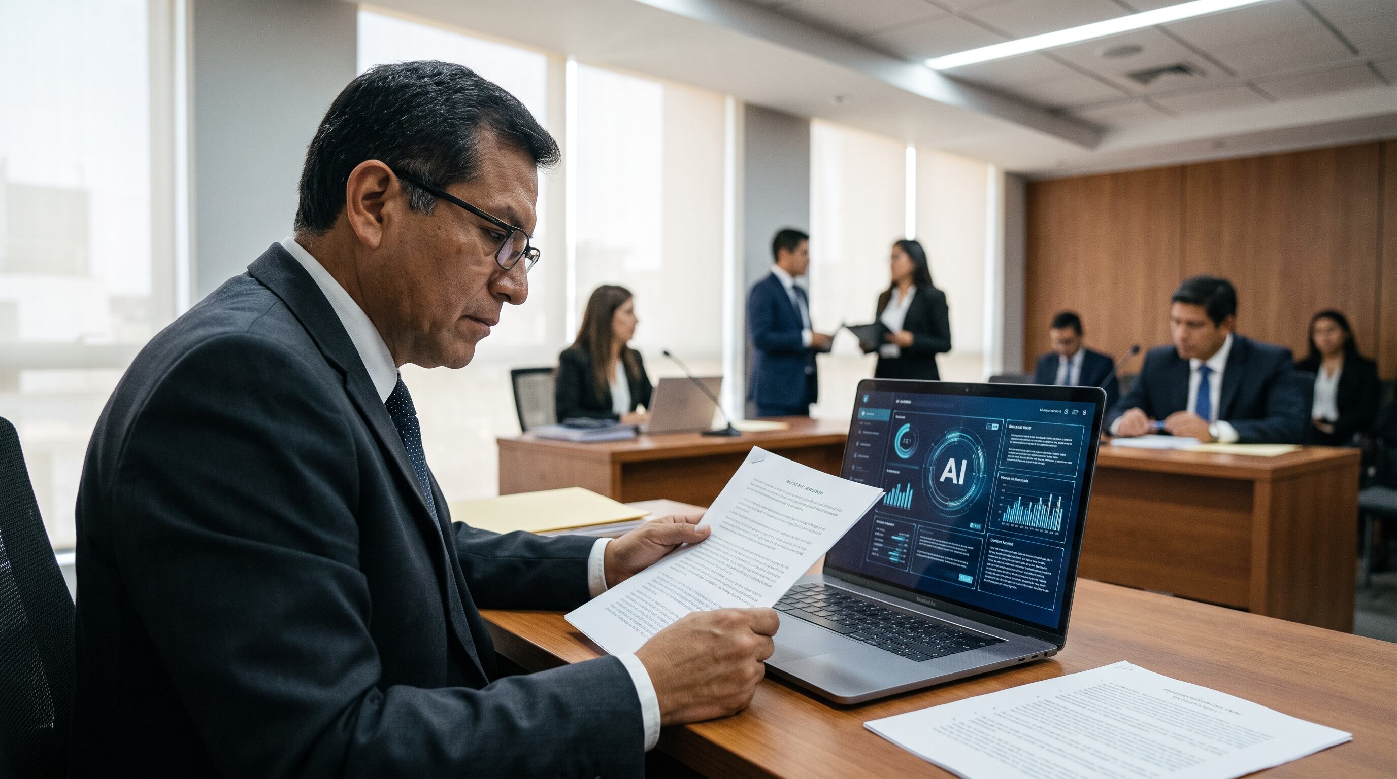 Un árbitro peruano revisa documentos jurídicos con el apoyo de una interfaz de inteligencia artificial en una sala de audiencias de arbitraje. (Imagen Ilustrativa Infobae)