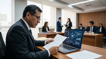 Un hombre con traje y gafas revisa documentos en una mesa de madera con una laptop que muestra datos y la palabra 'AI'. Varias personas están al fondo.