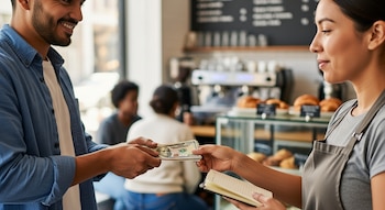 Un hombre sonriente con camisa de mezclilla le entrega billetes a una mujer con delantal y un cuaderno en una cafetería, con pasteles al fondo.