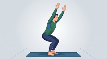 Ilustración de un hombre con camiseta verde y mallas azules con las rodillas flexionadas y los brazos en alto sobre una colchoneta.